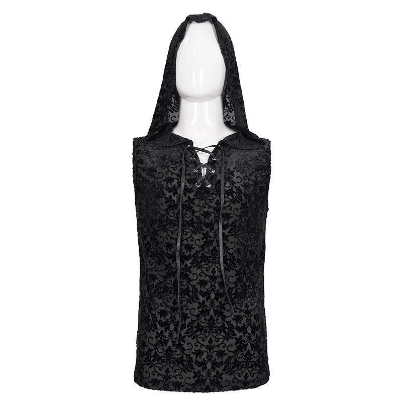 Men's Floral Printed Tank Top with Hood / Gothic Black Tank Tops With Studded and String on Chest