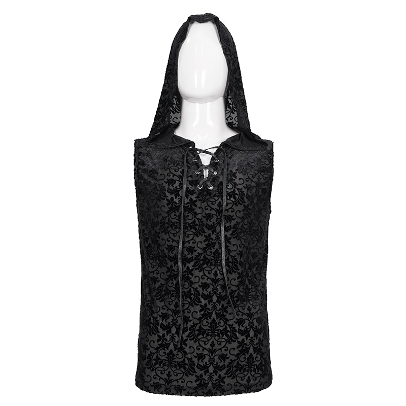 Gothic black floral printed tank top with hood, stylish and versatile for a bold look.