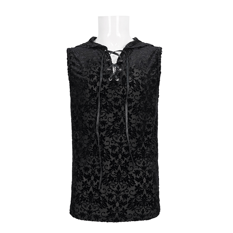 Men's Gothic black floral printed tank top with hood and lace-up detail for stylish summer wear.