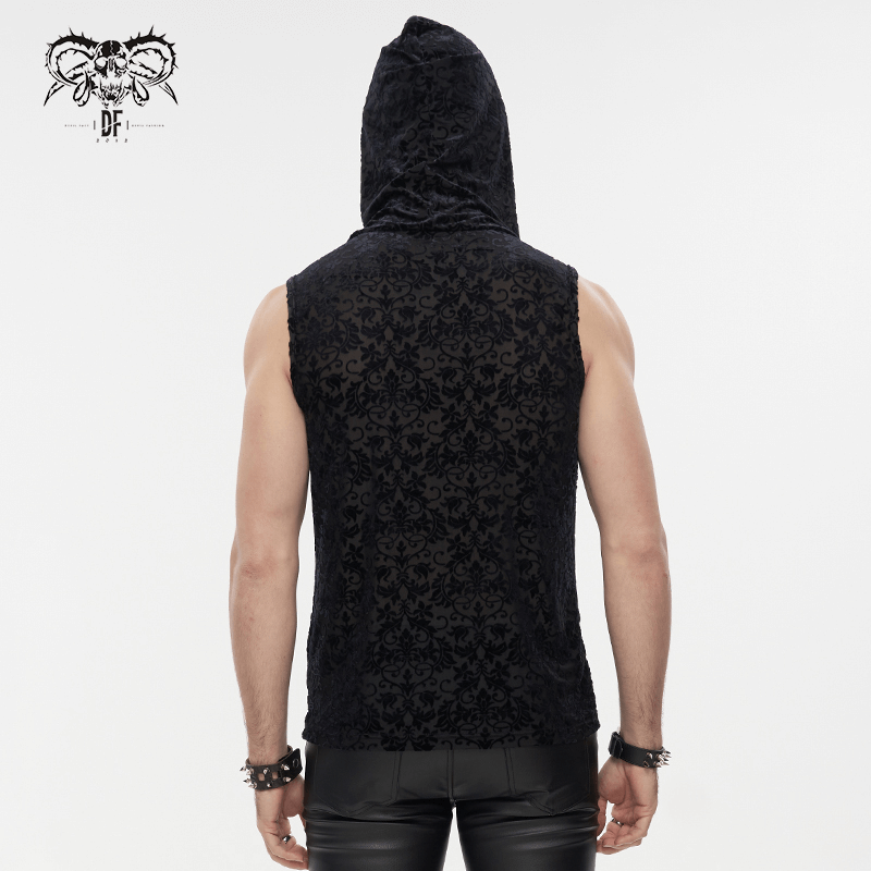 Mens gothic floral printed tank top with hood, stylish dark design, perfect for a unique fashion statement.