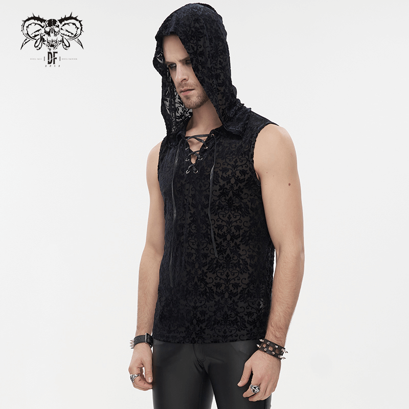 Men's gothic floral tank top with hood and lace-up detail, perfect for a stylish and edgy look.