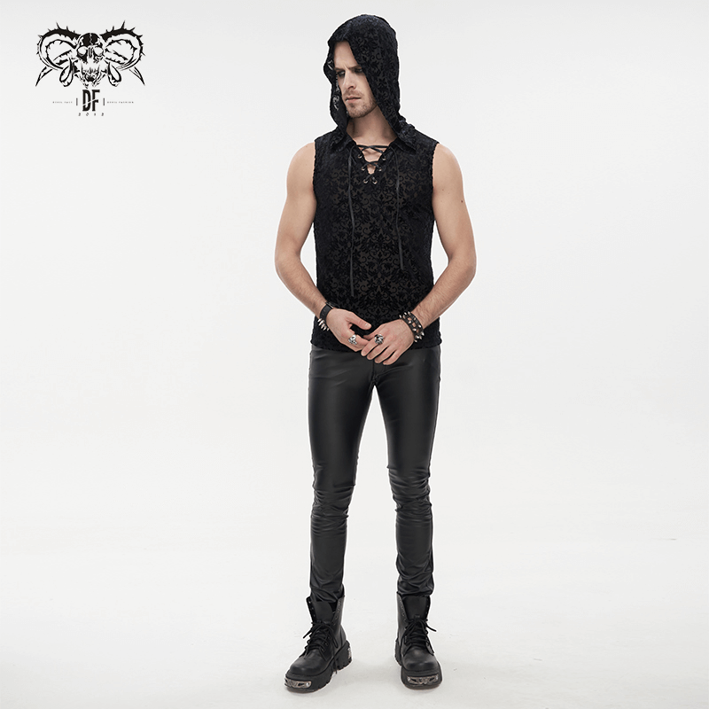 Men's Gothic black tank top with floral print and hood, featuring studded details and stylish design.