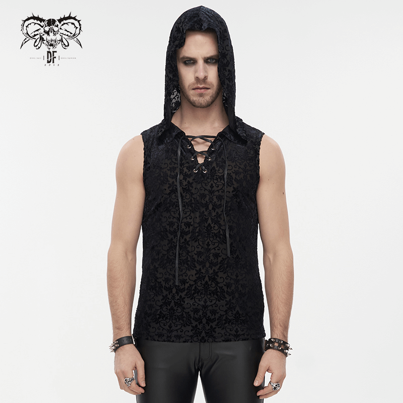 Men's gothic floral tank top with hood and chest lacing, perfect for edgy style and fashion-forward looks.