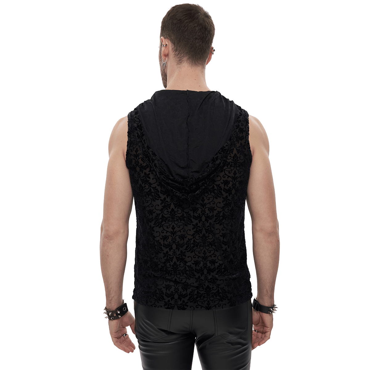 Men's gothic floral tank top with hood, featuring stylish black fabric and intricate design, perfect for a fashionable look.