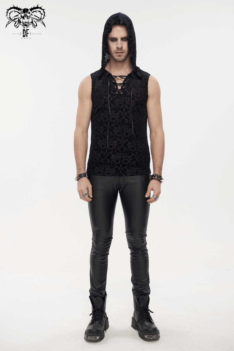 Men's gothic floral printed tank top with hood, stylishly paired with black skinny pants.