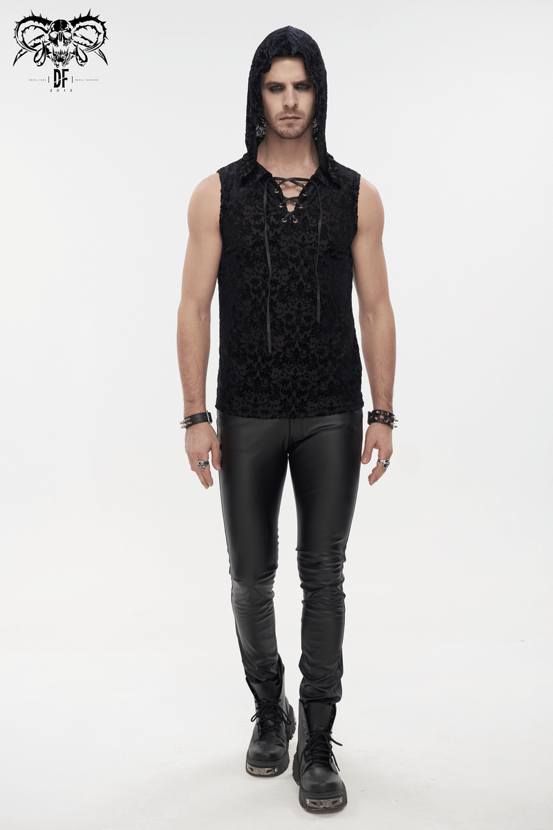Men's floral printed tank top with hood, stylish gothic design, paired with sleek black leggings.