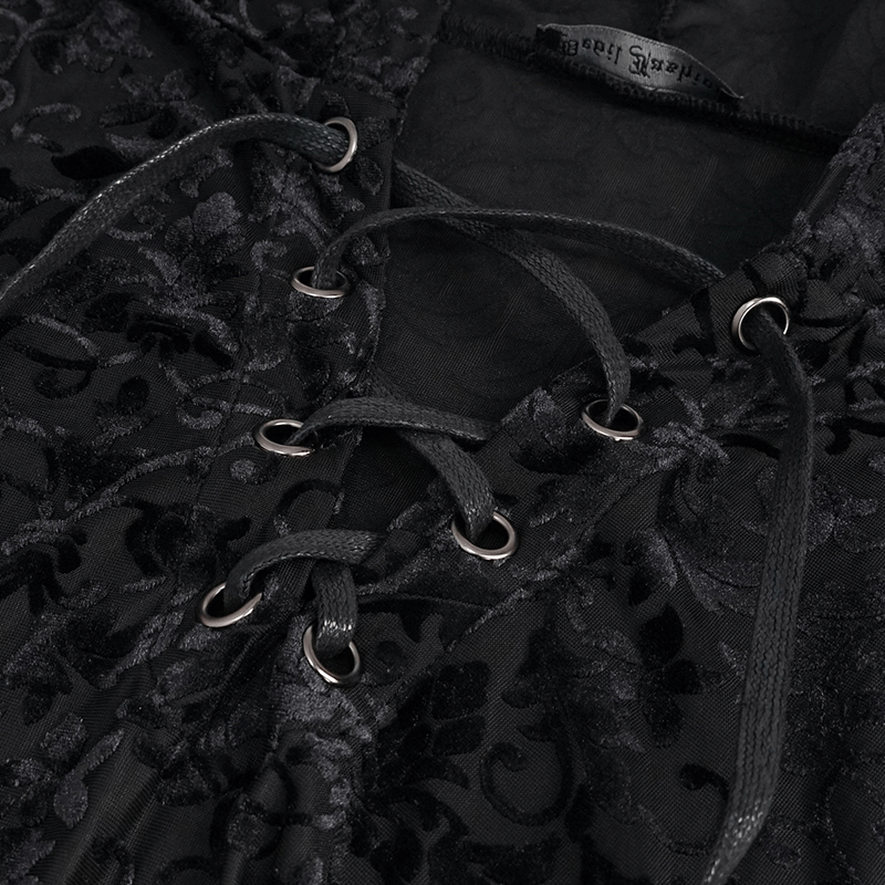 Close-up of men's gothic floral tank top with laces and hood, showcasing intricate black fabric design.