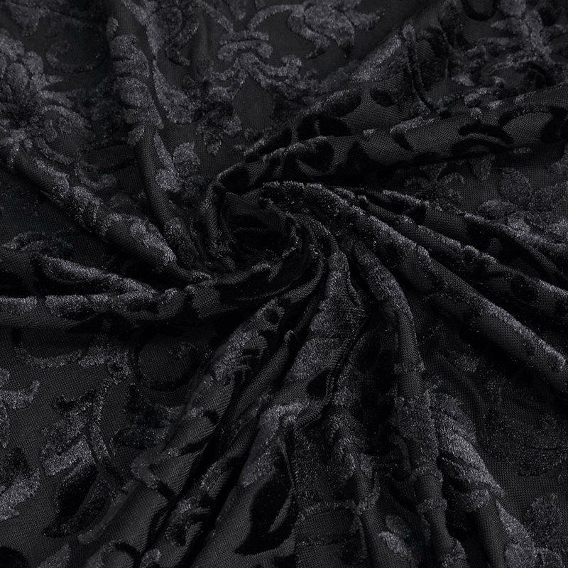 Close-up of luxurious black floral fabric for gothic style men's floral printed tank top.