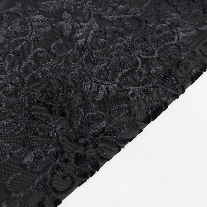 Elegant black fabric with intricate floral velvet texture, perfect for gothic-style clothing and accessories.