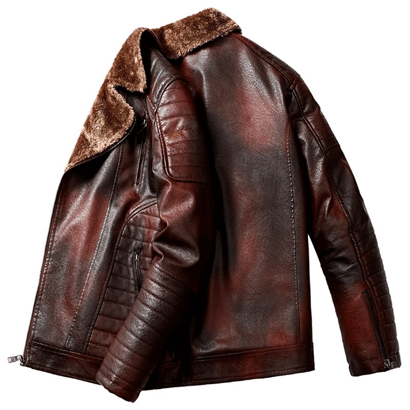 Men's thicken leather jacket with fur collar, perfect for cold weather, stylish and warm casual outerwear.
