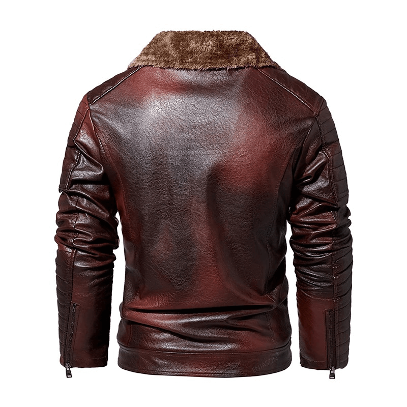 Back view of Men's Leather Jacket with Fur Collar, showcasing its stylish design in a warm brown color.