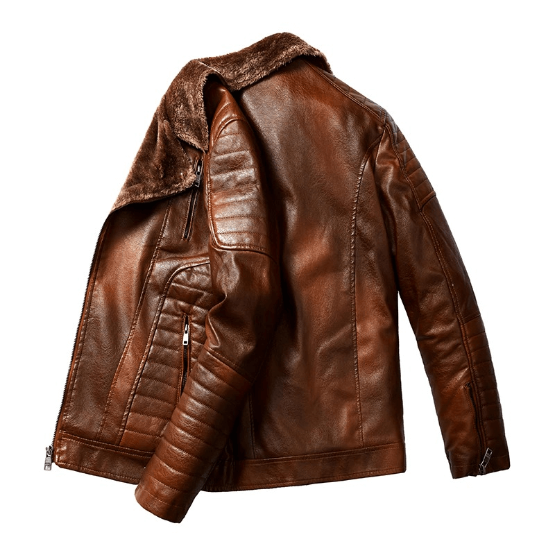 Men's thicken leather jacket with fur collar in brown, perfect for casual cold weather style.