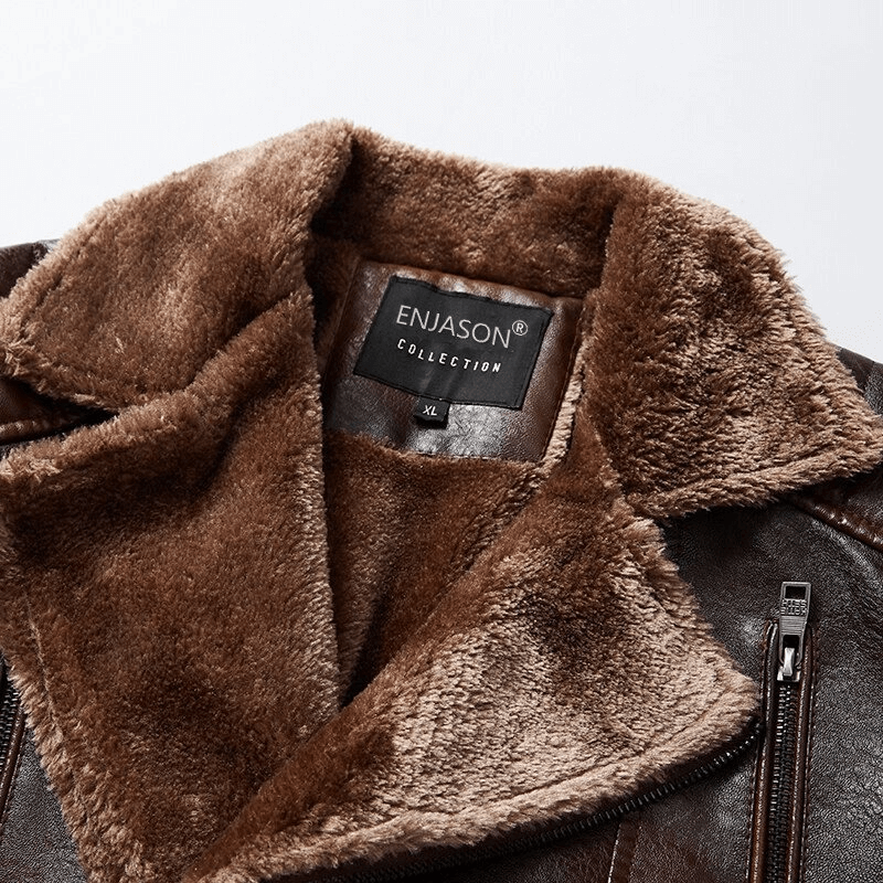 Close-up of a men's leather jacket with a soft fur collar, showcasing the ENJASON tag and stylish design.
