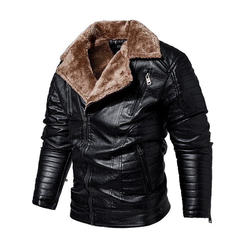 Men's thicken leather jacket with warm fur collar, perfect for cold weather in a stylish casual design.