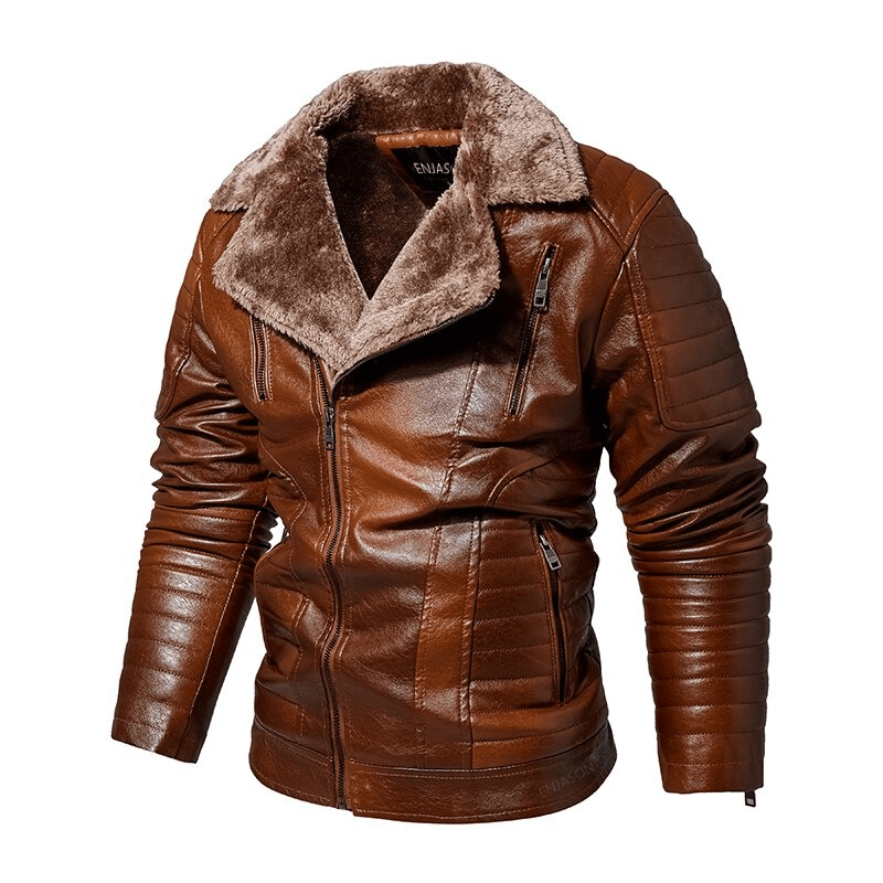 Stylish brown men's leather jacket with fur collar, perfect for cold weather, featuring zipped pockets and a casual look.