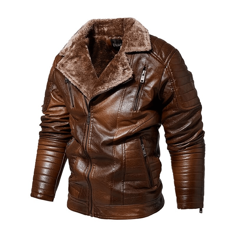 Men's brown leather jacket with fur collar, featuring warm pockets and stylish design for casual wear.