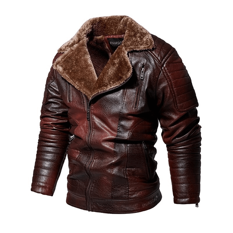 Men's thicken leather jacket with fur collar, perfect for warm casual style in winter, featuring multiple zippered pockets.