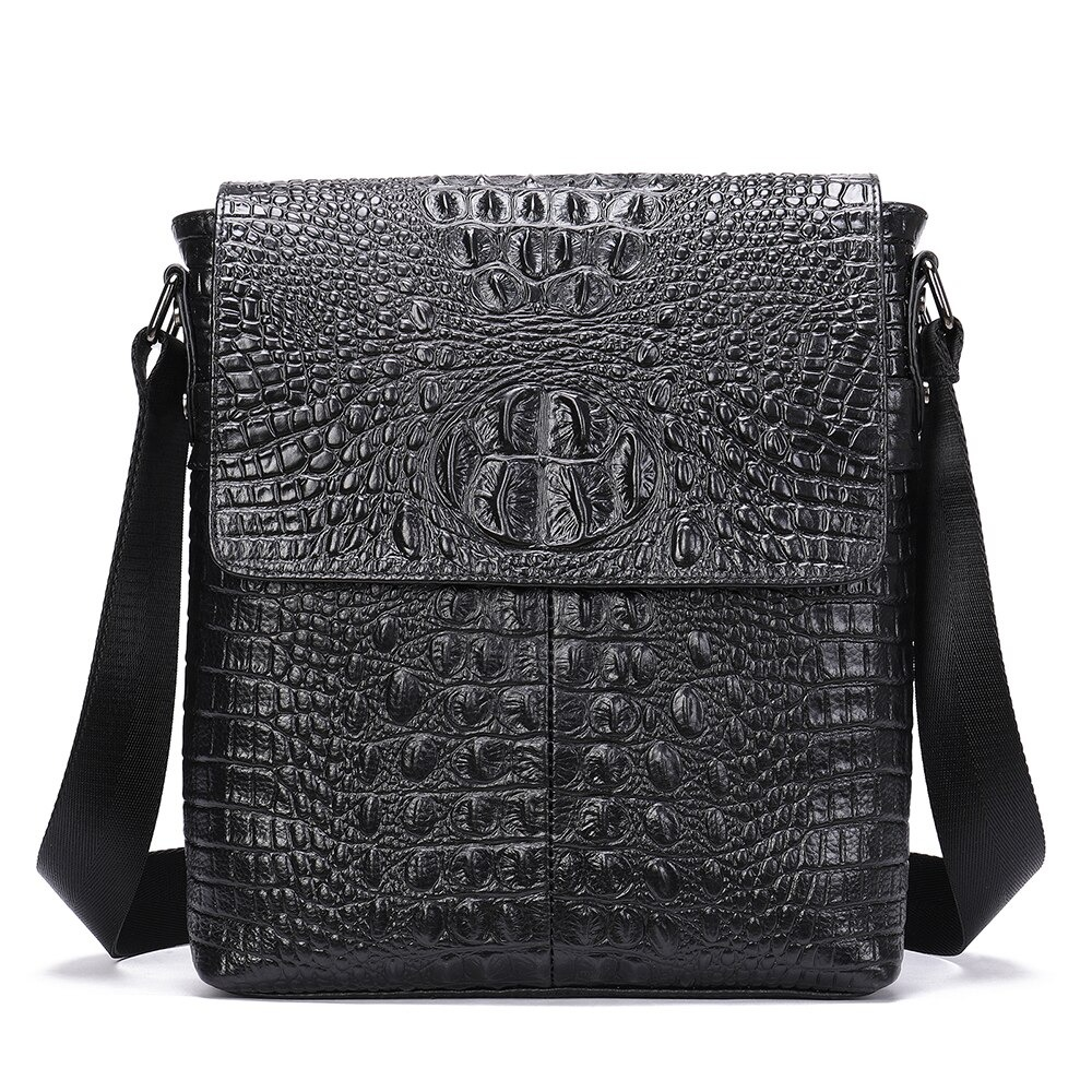 Stylish men's genuine leather bag with crocodile pattern, featuring a shoulder flap and zipper closure.
