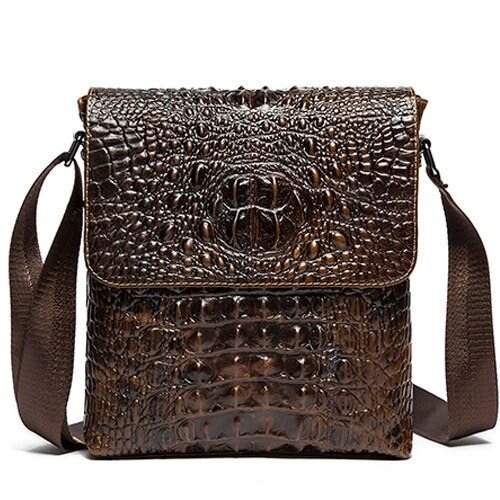 Men's genuine leather shoulder bag with crocodile pattern, stylish flap zipper design in dark brown.