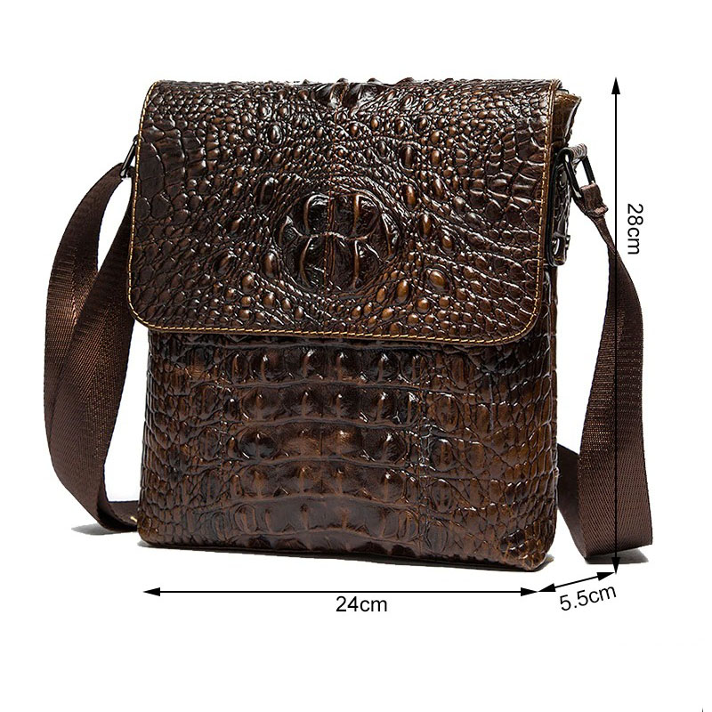Men's genuine leather bag with crocodile pattern, stylish flap design, zipper closure, dimensions 24x28x5.5cm.