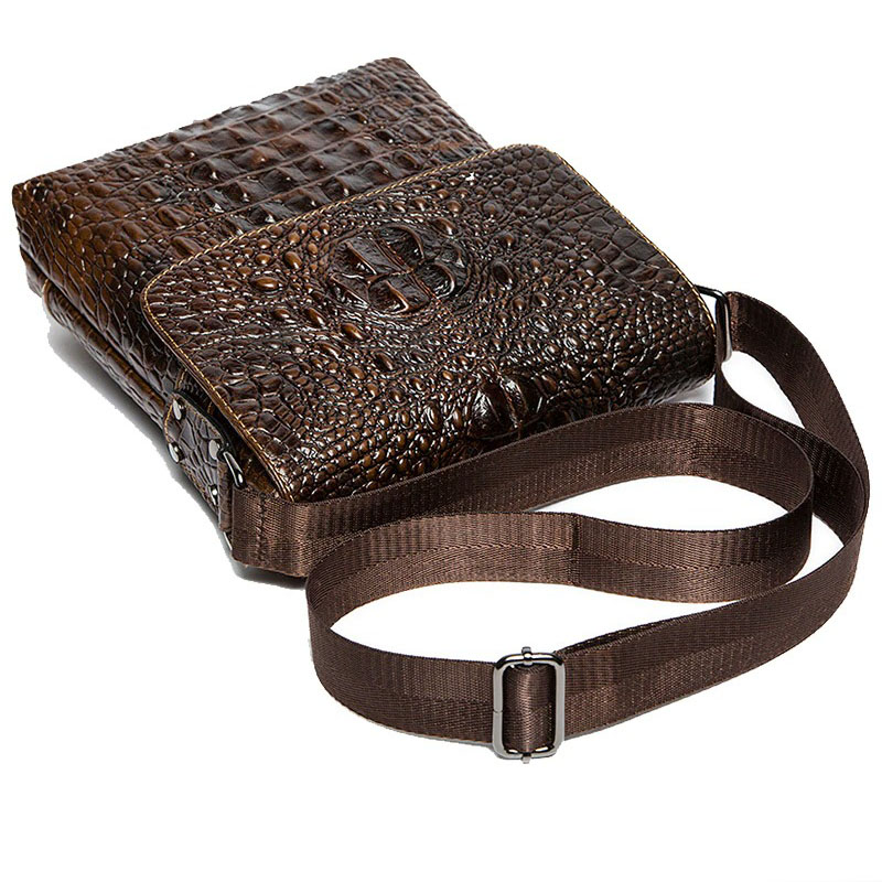 Men's genuine leather shoulder bag with crocodile pattern and comfortable strap, stylish casual accessory.