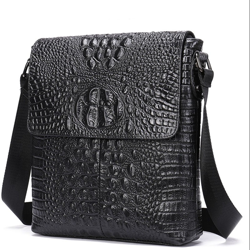Men's genuine leather shoulder bag with crocodile pattern, stylish flap, and adjustable strap in sleek black.