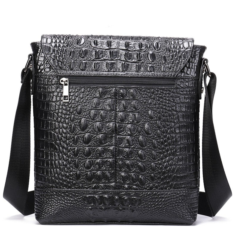 Stylish men's genuine leather shoulder bag with crocodile pattern and zipper, perfect for casual outings.