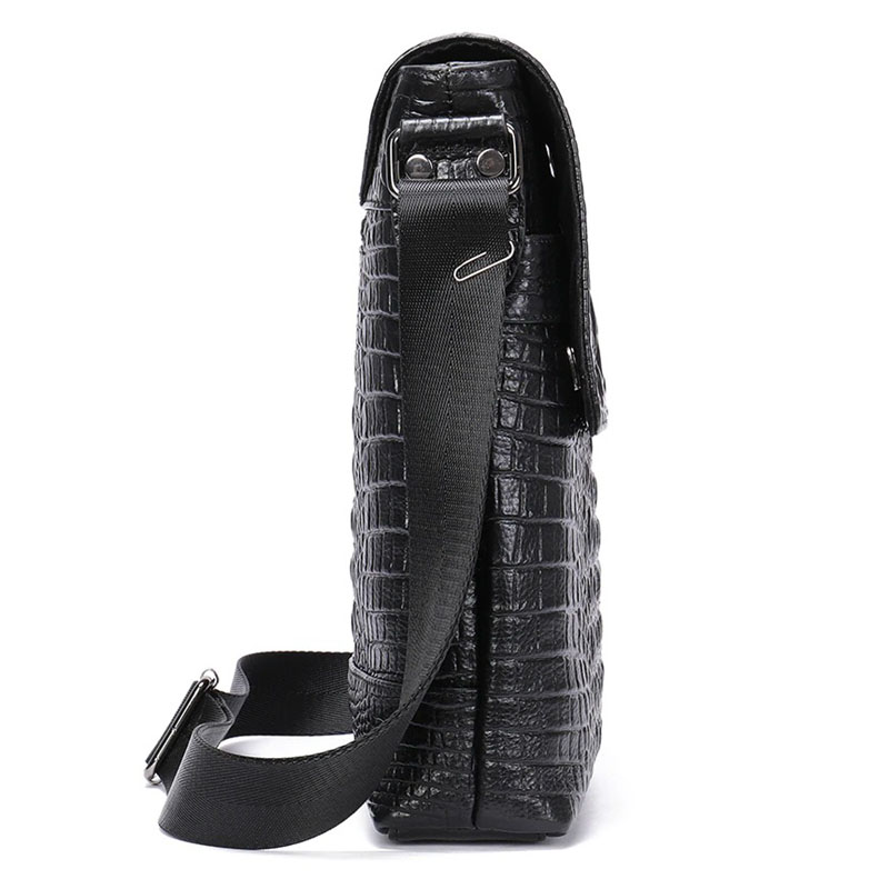 Men's genuine leather bag with crocodile pattern, stylish side view showing detachable strap.