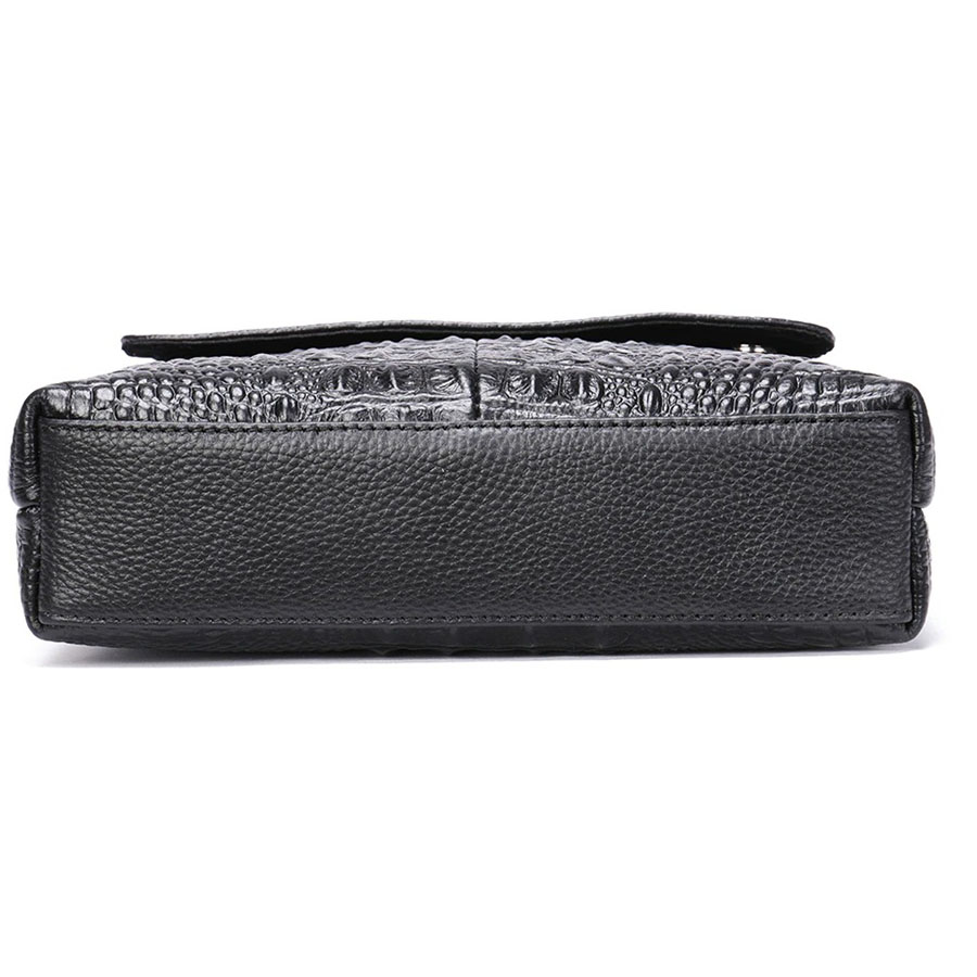 Men's casual genuine leather bag with crocodile pattern, stylish shoulder flap design in black.