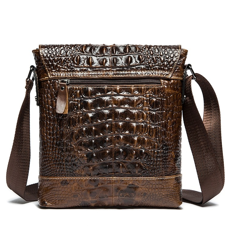 Men's stylish shoulder flap bag in genuine leather with crocodile pattern, perfect casual accessory for any outfit.