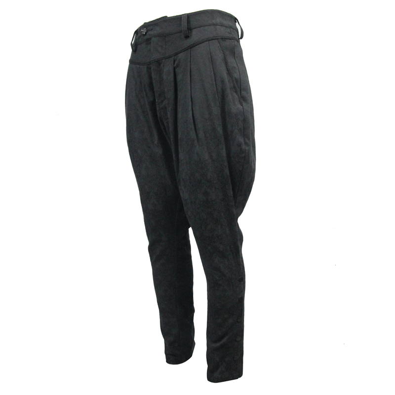 Men's goth baggy black trousers with delicate pattern, perfect for a comfy gothic wardrobe.