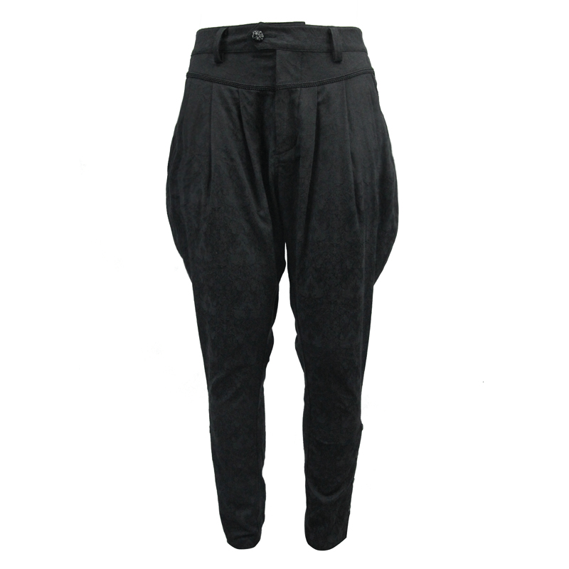 Men's gothic baggy black trousers with delicate pattern, perfect for a stylish, comfortable gothic wardrobe.
