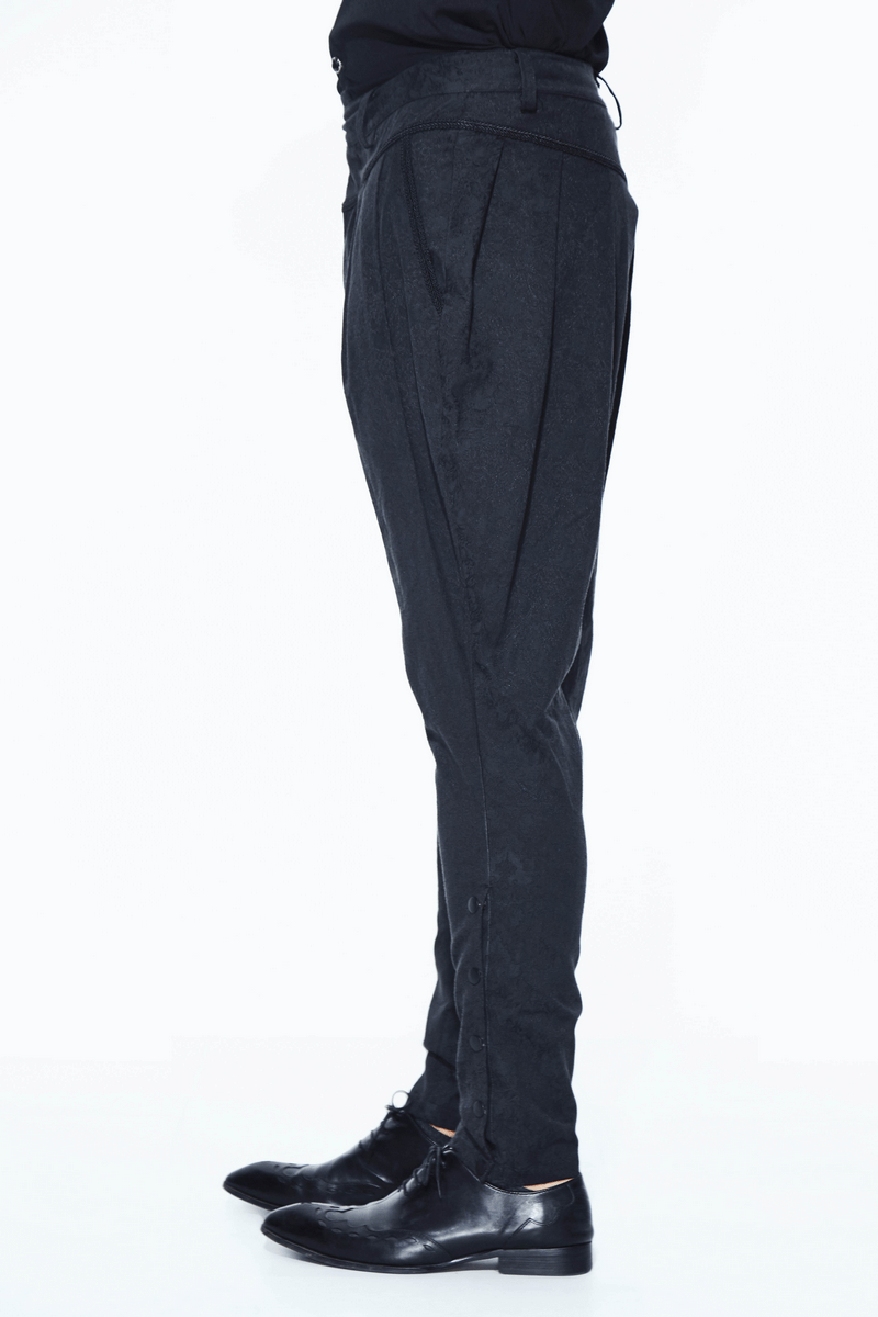 Men's Goth Baggy at Thighs Trousers / Male Black Taper Down Pants with Delicate Patterned