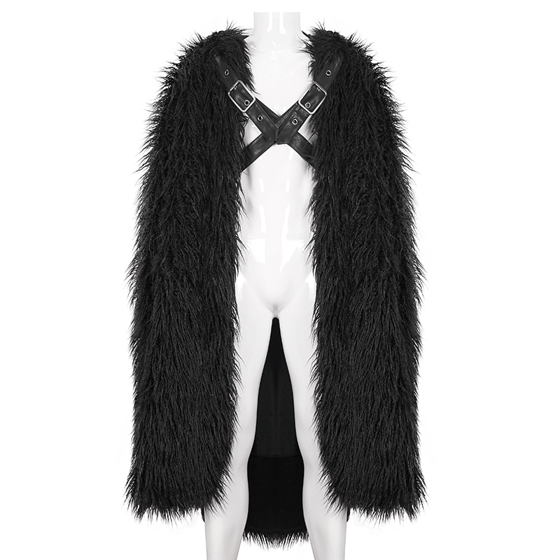 Men's gothic long cloak with hood, faux fur inserts, and stylish buckle straps, perfect for a dramatic look.