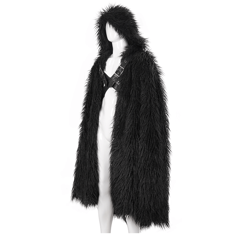 Stylish men's gothic long cloak with hood and faux fur inserts, perfect for a bold and warm look.