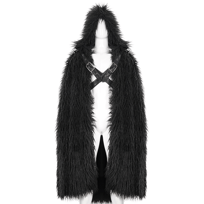 Men's Gothic Long Cloak with Hooded / Dark Male Warm Faux Fur Buckle Coat