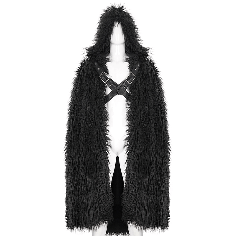 Men's gothic long cloak with hood, faux fur, and buckle accents, perfect for stylish outfits.