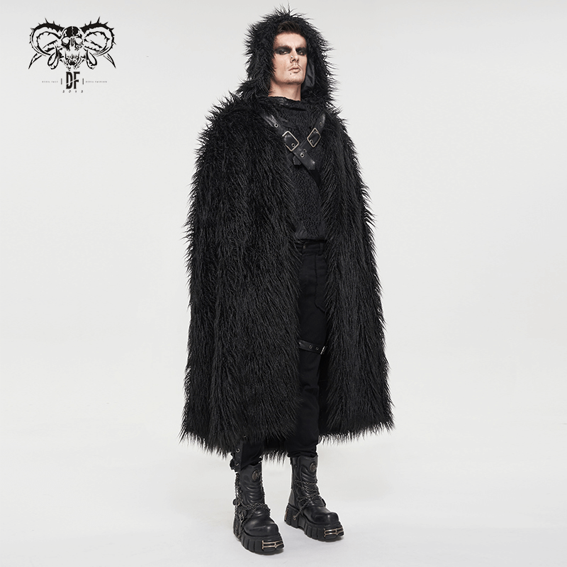 Men's gothic long cloak with hood, featuring faux fur, perfect for a dark and stylish look.