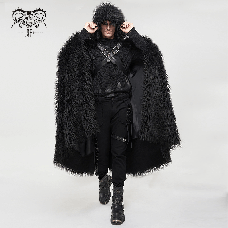 Men's gothic long cloak with a hood, featuring faux fur inserts for warmth and style, perfect for dark fashion lovers.