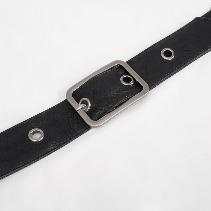 Stylish black leather belt with a square metal buckle and eyelets for a gothic look.