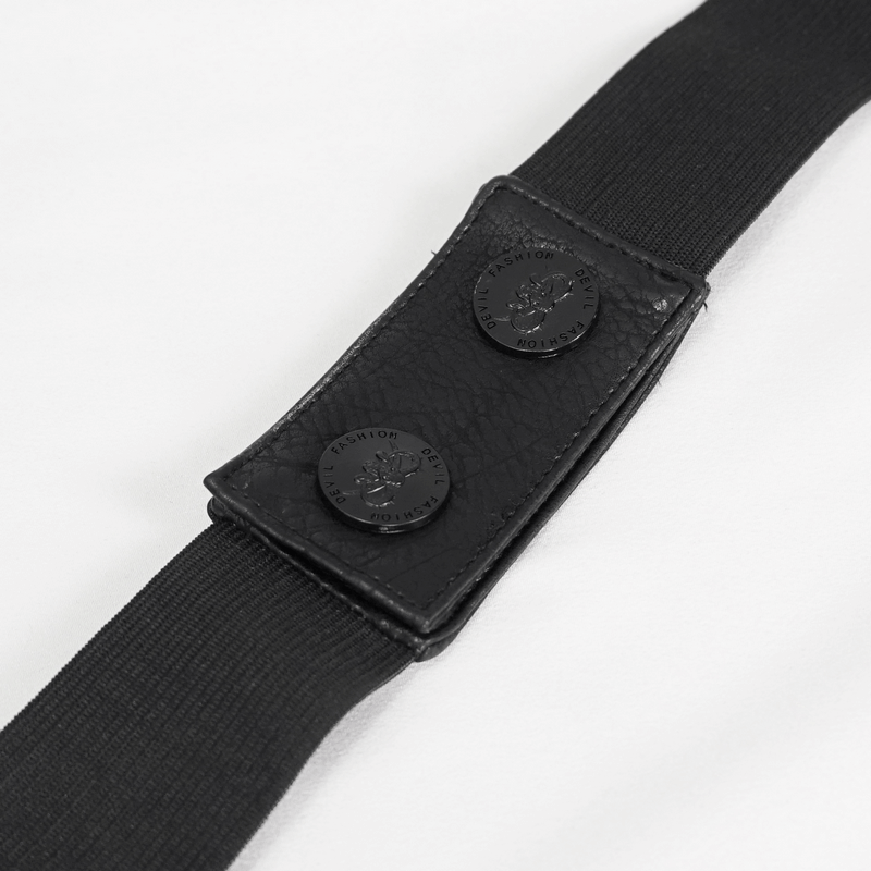 Close-up of a black elastic strap with leather buckle detailing, stylish accessory for men's gothic fashion.