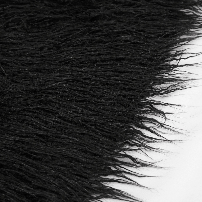 Close-up of soft, black faux fur fabric with long strands, perfect for adding gothic charm to cloaks and coats.