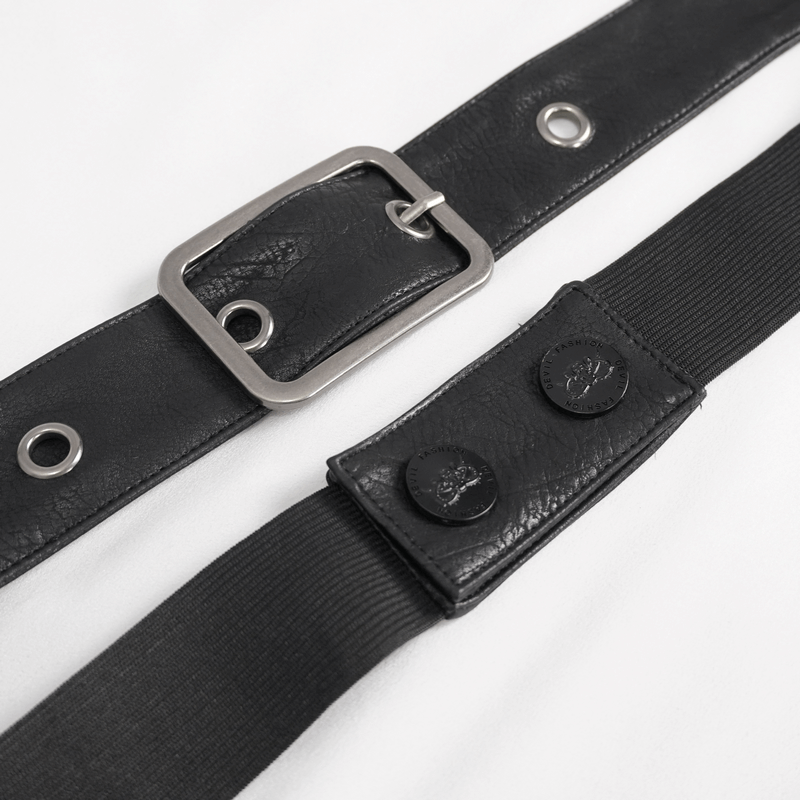 Black leather and elastic belt with metallic buckle and snap buttons, perfect for gothic fashion enthusiasts.