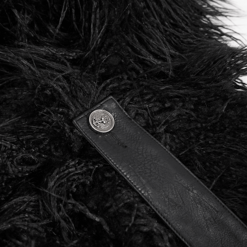 Close-up of faux fur and leather buckle on a men's gothic long cloak for stylish warmth.