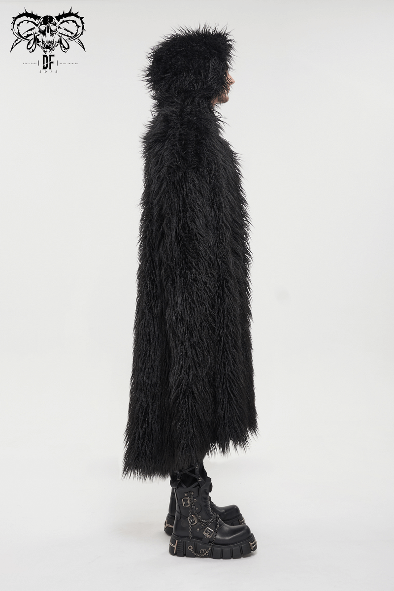 Men's Gothic long cloak with hood in black faux fur, stylishly draping for a warm and edgy look.