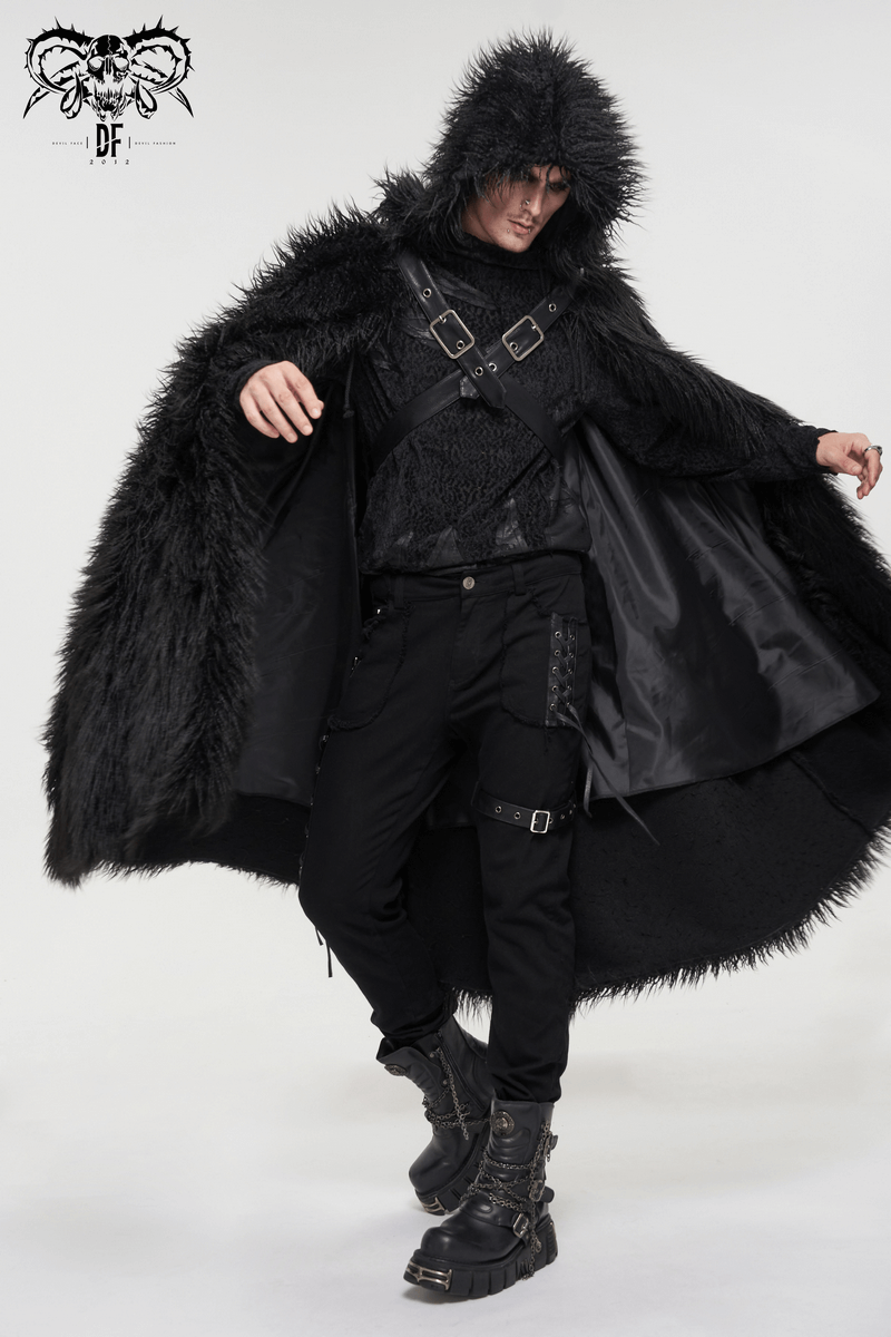 Stylish men's gothic long cloak with hood and faux fur, showcasing a fashionable model in dark attire.