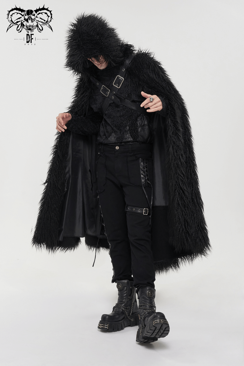 Men's gothic long cloak with hood and faux fur inserts, showcasing a dark, stylish look on a model.