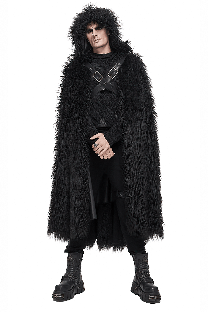 Stylish men’s gothic long cloak with hood and faux fur, perfect for a dark and warm fashion statement.