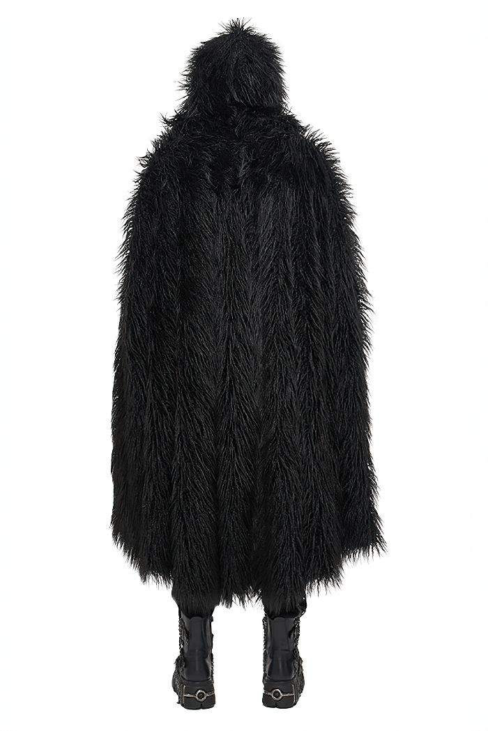 Men's gothic long cloak with hood and faux fur, showcasing a stylish and warm design from the back.