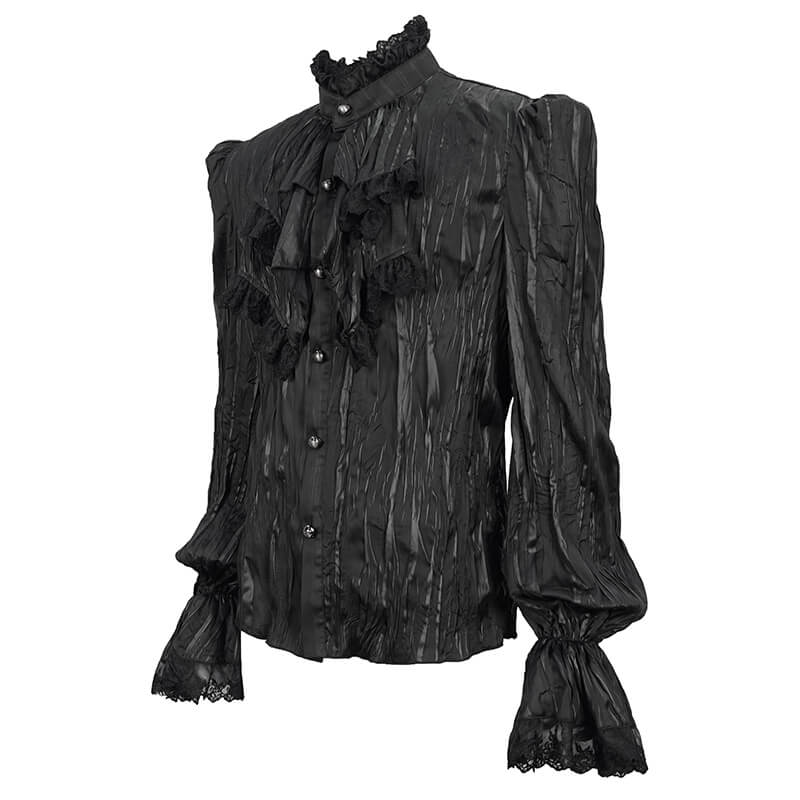 Men's black gothic puff-sleeved ruffled shirt with button details and lace trim, featuring removable chains for a versatile look.